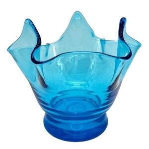 Vintage Bischoff Blue Handkerchief Vase 5.5x6" Crimped‎ Art Glass Bowl w Label